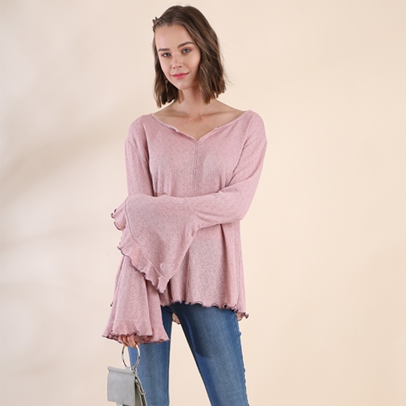 Umgee Dusty Rose Trumpet Sleeve Knit Top - Picture 2 of 5